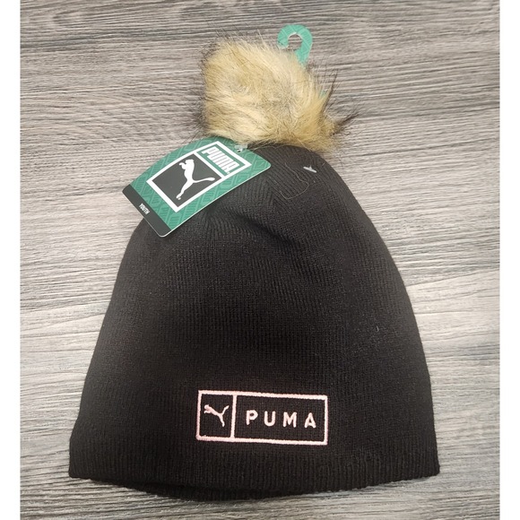 Puma Youth Beanie Winter Hat with Pom Black Pink Logo‎ OSFM - Picture 1 of 6